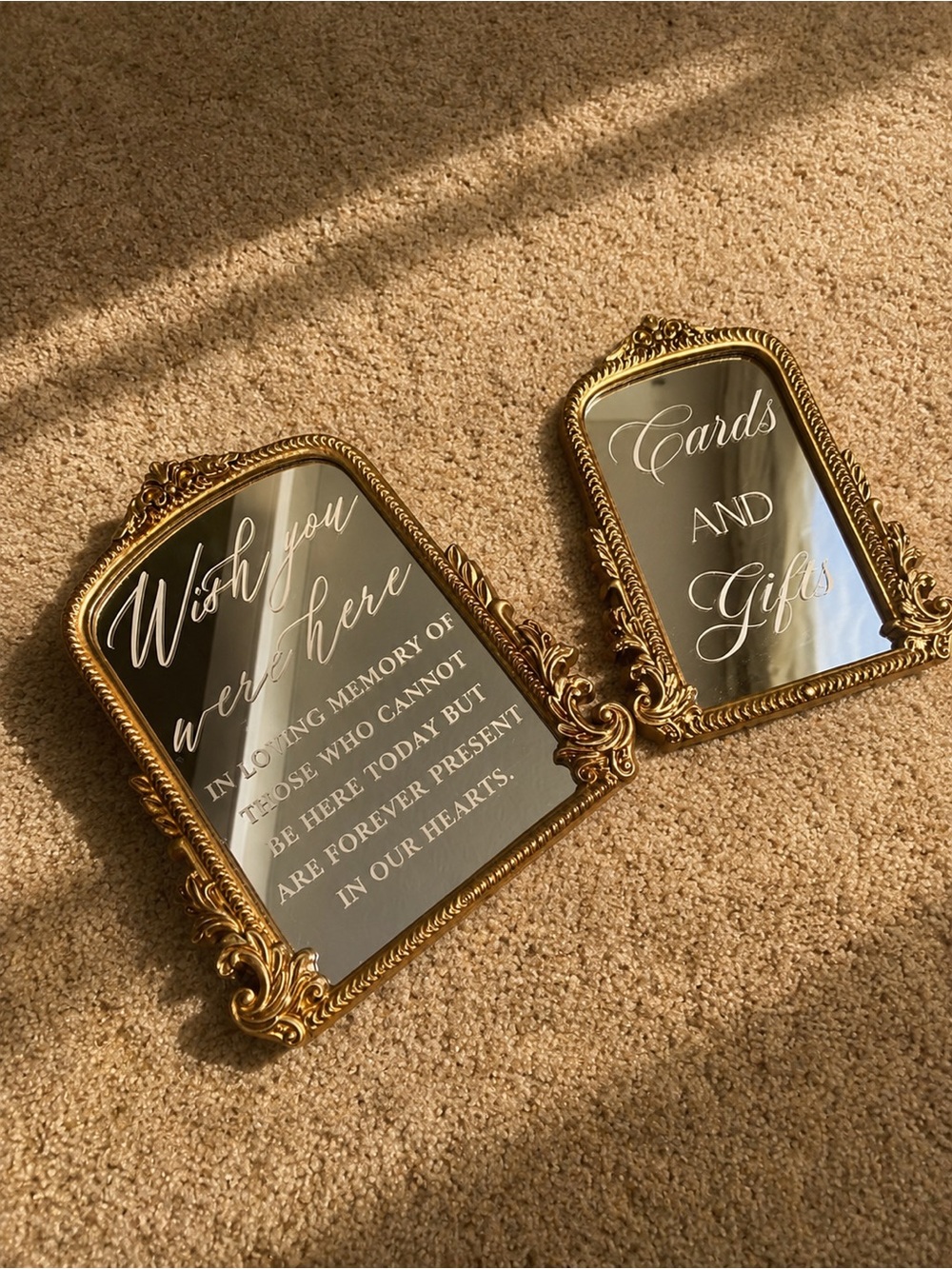 Gold Ornate Mirror Signs; Wedding Decor